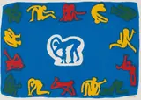 Walter Battiss, Mother and Child Surrounded by Acrobatic Figures, 1979, colour screenprint on paper