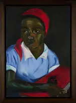 Themba Shibase, Young Woman with Red Doek and the Big Red Book, oil on canvas