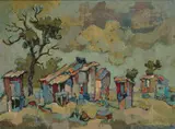 Gregoire Boonzaier, Pandokkies en Twee Toilette, Crossroads, Kaap ( Cottages and Two Toilets, Crossroads, Cape), 1983, oil on board