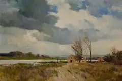Landscape with Cottages and Lake by Errol Boyley, oil on board, offered Jun 2026