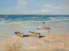 Beach with Figures and Boats by Errol Boyley, oil on canvas laid down on board, sold Jun 2026