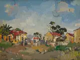 Gregoire Boonzaier, Tussen die Rooidak-Kleurlinghuisies Landsdowne (sic) Kaap (Between the Red-Roofed Coloured Houses, Lansdowne, Cape), 1967, oil on canvas
