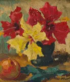 Otto Klar, Still Life with Hibiscus and Apple, oil on board