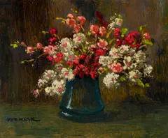 Otto Klar, Flowers in Blue Vase, oil on board