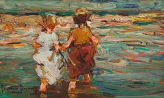 Adriaan Boshoff, Children Wading II, oil on canvas laid down on board