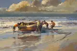 Gian-Piero Garizio, Trek Boat in the Surf, oil on canvas laid down on board