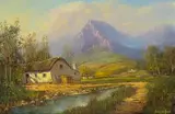 Gabriel de Jongh, Mountainous Landscape with Thatched Cottages, oil on canvas