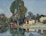 Terence McCaw, Landscape with Dam and Windmill, 1958, oil on canvasboard