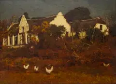 Edward Roworth, Cape Dutch House with Chickens, 1955, oil on canvasboard