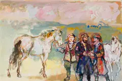 Walter Spitzer, Three Figures with Horses, gouache on paper