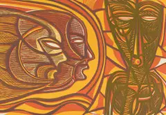 Two Heads in Profile, from the Man's Gold portfolio by Cecil Skotnes, 1977, colour woodcut on paper, sold Jun 2026