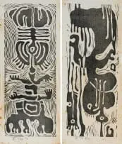 Wopko Jensma, Figure; Abstract, two, 1970, woodcut on onion skin paper