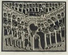 Azaria Mbatha, Jesus Carrying Cross, linocut on paper