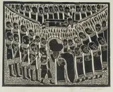 Azaria Mbatha, Jesus Carrying Cross, linocut on paper