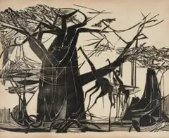 Raymond Andrews, Baobab Trees and Giraffe, linocut on onion skin paper