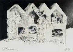 Harold Rubin, Untitled (Morgue with Fascist Figures and Skeletons), 1985, charcoal and ink on paper