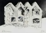 Harold Rubin, Untitled (Morgue with Fascist Figures and Skeletons), 1985, charcoal and ink on paper