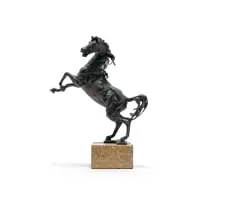 Danie de Jager, Rearing Stallion, 1977, bronze with a green patina, on a marble base