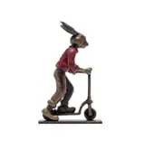 Carol Cauldwell, Rabbit on a Scooter, painted and patinated bronze with wax, on a painted steel base