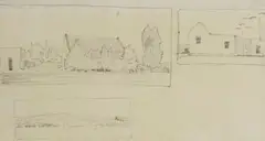 Jacobus Hendrik Pierneef, Landscape with Buildings, sketch, pencil on paper