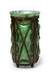 Louis Majorelle, Green glass vase moulded into wrought iron frame, glass and wrought iron