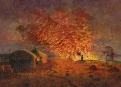 Gerard Bhengu, Burning Firebreak, watercolour on paper laid down on board