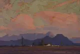 Jacobus Hendrik Pierneef, Mountain Landscape with Homestead, 1925, oil on artist's board