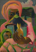 Maggie Laubser, Mother and Child with Huts and a Cat, oil on board