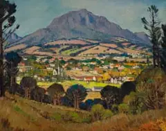 Western Cape Landscape with Town and Distant Mountains by Piet van Heerden, 1958, oil on canvas, sold May 2026