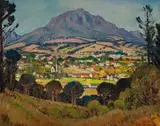 Piet van Heerden, Western Cape Landscape with Town and Distant Mountains, 1958, oil on canvas