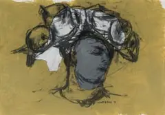 William Kentridge, Headdress, 1991, charcoal, gouache and collage on paper