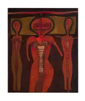 Untitled (Three Figures in Red) by Cecil Skotnes, painted and incised wood, sold May 2026