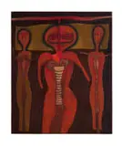Cecil Skotnes, Untitled (Three Figures in Red), painted and incised wood