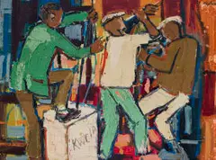 Ephraim Ngatane, Kwela, mixed media with oil on board