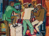 Ephraim Ngatane, Kwela, mixed media with oil on board