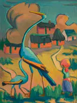 Maggie Laubser, Blou Voëls/Birds in a Landscape with Figure and Huts, oil on board