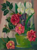 Maggie Laubser, Irises and Camellias in a Vase, oil on board
