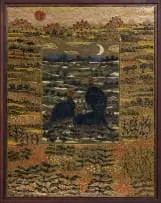 Esias Bosch, Guinea Fowl in a Landscape, painted and glazed ceramic tile with gold lustre