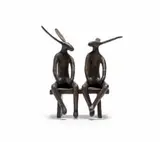 Guy Du Toit, Two Seated Hares, 2023, bronze with a brown patina