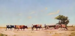 Cattle Pulling Wagon by Adriaan Boshoff, oil on board, offered May 2026
