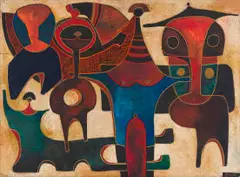 Lucky Sibiya, Abstracted Figures, incised and painted wood panel