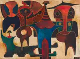 Lucky Sibiya, Abstracted Figures, incised and painted wood panel