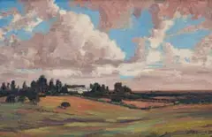 Jacobus Hendrik Pierneef, Ou Plaas Huis met Naderende Donder Wolke Wes TVL (Old Farm House with Approaching Thunder Clouds West Transvaal), oil on board