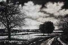 Phillemon Hlungwani, Untitled (Landscape with Trees and Road), 2017, charcoal and chalk on paper