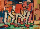 Ephraim Ngatane, Penny Whistlers, mixed media with oil on board