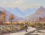 Hugo Naude, A Figure Walking along a Country Road, oil on board