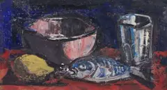 Maurice van Essche, Still Life with Fish and Lemon, oil on board