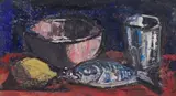 Maurice van Essche, Still Life with Fish and Lemon, oil on board