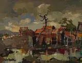 Gregoire Boonzaier, Pandokkies en Water (Shelters and Water), 1956, oil on canvas laid down on board