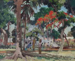 Max Boullé, Landscape with Flamboyant Tree, Mauritius, 1963, oil on board